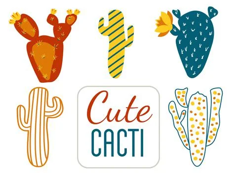 Set of vector illustrations of creative cute cacti. Vector hand-drawn cacti for Stock Illustration