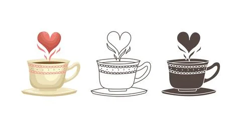 Set of vector illustrations of a cup of coffee with a heart. Illustration for Stock Illustration