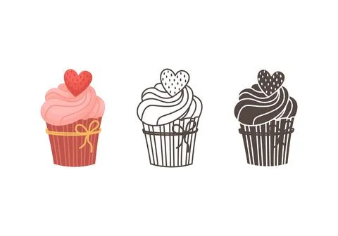 A set of vector illustrations of cupcakes with cream and a heart for decorati Illustrazione stock