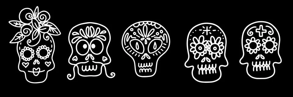 Set of vector illustrations of decorated skulls Stock Illustration