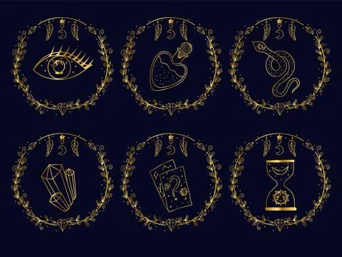 Set of vector illustrations of divination, astrology, divination hand-drawn Illustrazione stock