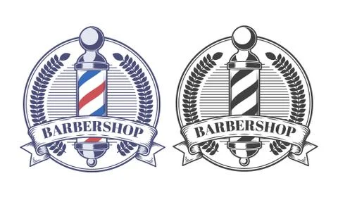 Set of vector illustrations of emblems, stickers, labels of barbershop salons. Stock Illustration
