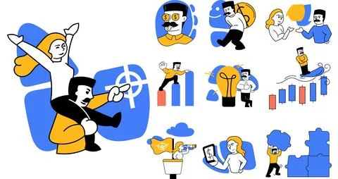 Set of vector illustrations. Employees working on business analytics, developing Illustrazione stock