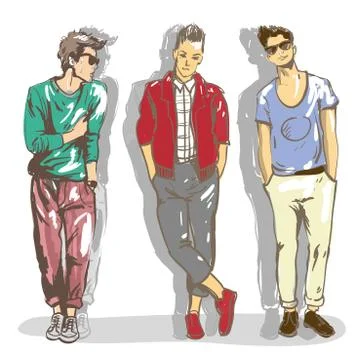 Set vector illustrations of a fashionable casual style dressed guys Stock Illustration