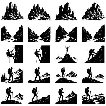Set of Vector Illustrations Featuring Hikers and Climbers in Mountain Ranges Иллюстрация