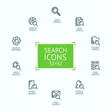 Set of vector illustrations fine line icons of analysis, search of information Stock-Illustration