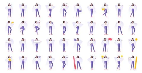 Set of vector illustrations flat cartoon female manager character design wi.. Stock Illustration