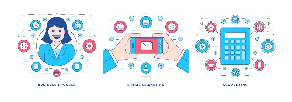 Set of vector illustrations flat line banners with icons modern business so.. Stock Illustration