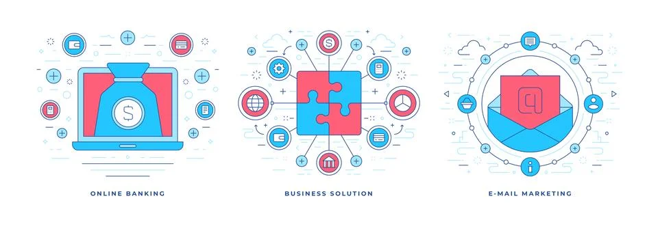 Set of vector illustrations flat line designs icons online banking and emai.. Illustrazione stock