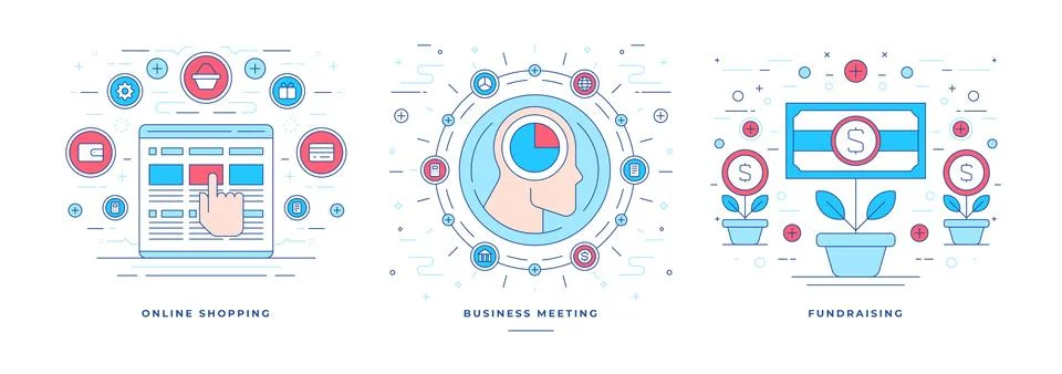 Set of vector illustrations flat linear banners with icons for online comme.. Stock Illustration