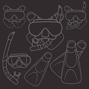 Set of vector illustrations with flippers, mask and snorkel Stock Illustration