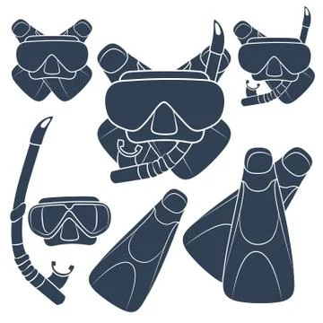 Set of vector illustrations with flippers, mask and snorkel. Illustrazione stock