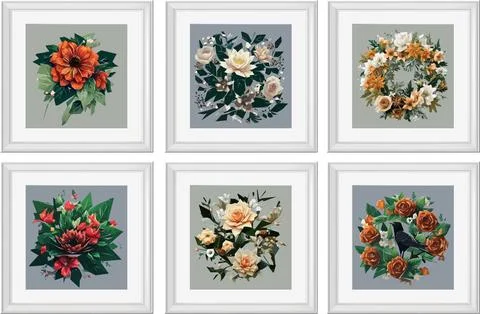 Set of vector illustrations of floral compositions in vintage style. Collec.. Stock Illustration