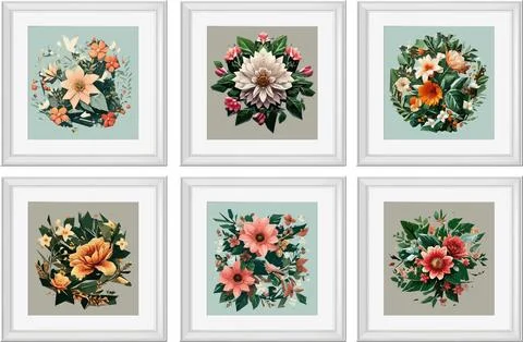 Set of vector illustrations of floral compositions in vintage style. Collec.. Stock Illustration