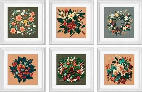 Set of vector illustrations of floral compositions in vintage style. Collec.. Stock Illustration