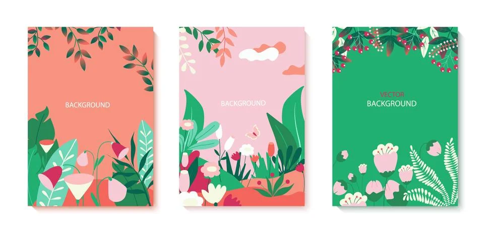 Set of vector illustrations with flowers and tropical leaves. Colorful plants Stock Illustration