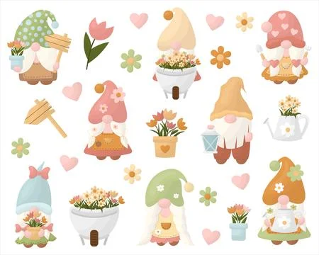 Set of vector illustrations of garden gnomes with flowers Stock Illustration