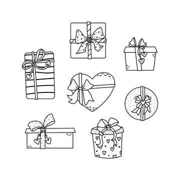 Set of vector illustrations of gift boxes with bows. Illustrations for Valent Illustrazione stock