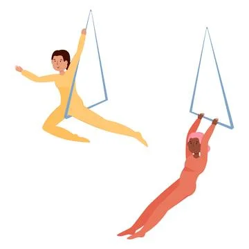 A set of vector illustrations of girls training on the trapeze. Emotions, p.. Stock Illustration