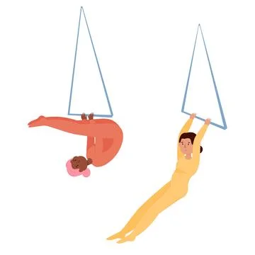 A set of vector illustrations of girls training on the trapeze. Emotions, p.. Stock Illustration