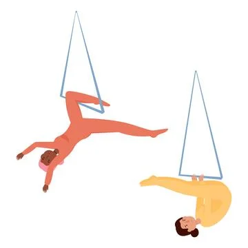 A set of vector illustrations of girls training on the trapeze. Emotions, p.. Stock Illustration