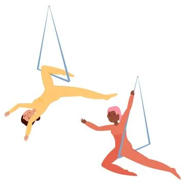 A set of vector illustrations of girls training on the trapeze. Emotions, p.. Stock Illustration