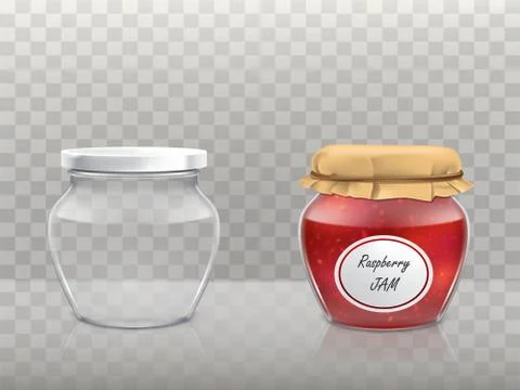 A set of vector illustrations of glass figured jars is empty and with raspberry Stock Illustration
