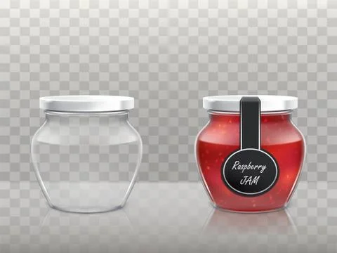 A set of vector illustrations of glass figured jars is empty and with raspberry Illustrazione stock