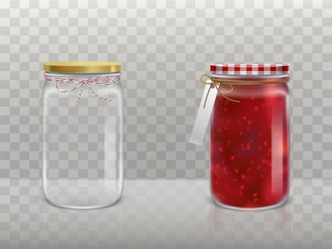 A set of vector illustrations of glass round jars with raspberry jam and empty Illustrazione stock