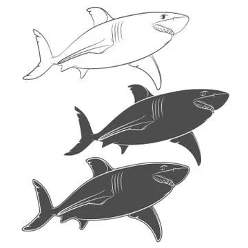 Set of vector illustrations with a great white shark. Isolated objects. Stock Illustration