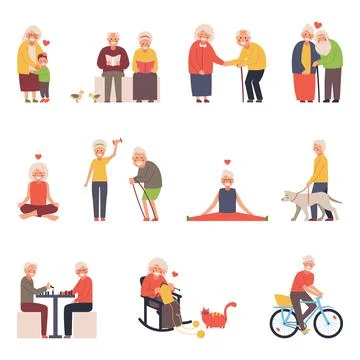 A set of vector illustrations of a group of old men and women in different si Stock Illustration