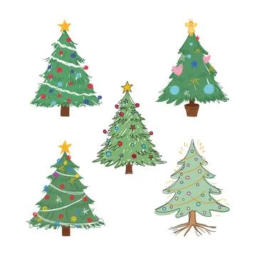 Set of vector illustrations of hand-drawn Christmas trees in doodle style Stock Illustration