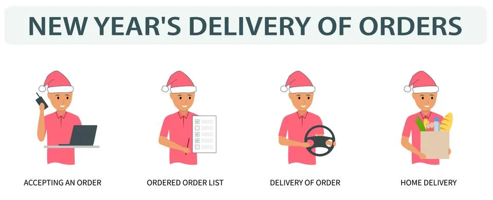 Set of vector illustrations, icon, sign. New year's delivery. Stock Illustration
