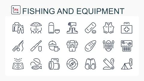 A set of vector illustrations, icons from a thin line. Equipment for fishing, Stock Illustration