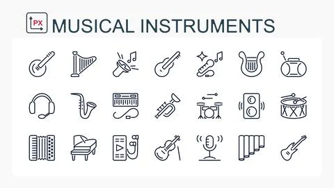 A set of vector illustrations, icons from a thin line. Musical instruments. Stock Illustration