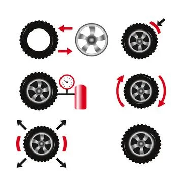 Set of vector illustrations, icons of tyre repair work. Tyre repair shop. Stock Illustration