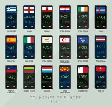 Set of vector illustrations of international dialing country codes and flag.. Stockillustratie