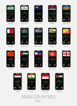 Set of vector illustrations of international dialing country codes and flag.. Stockillustratie