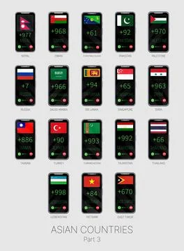 Set of vector illustrations of international dialing country codes and flag.. Stockillustratie
