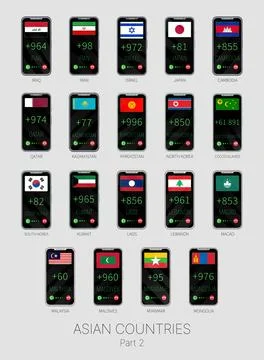 Set of vector illustrations of international dialing country codes and flag.. Stockillustratie