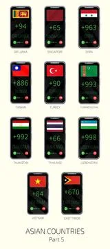 Set of vector illustrations of international dialing country codes and flag.. Illustrazione stock