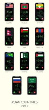 Set of vector illustrations of international dialing country codes and flag.. Stockillustratie
