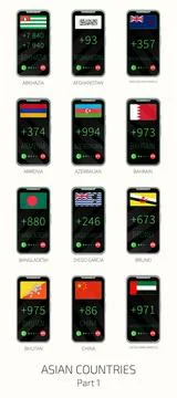 Set of vector illustrations of international dialing country codes and flag.. Stockillustratie