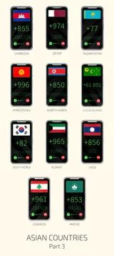 Set of vector illustrations of international dialing country codes and flag.. Illustrazione stock