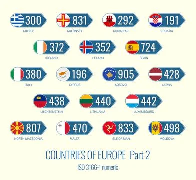 Set of vector illustrations of of ISO 3166 1 numeric and flags of the Europ.. Illustrazione stock