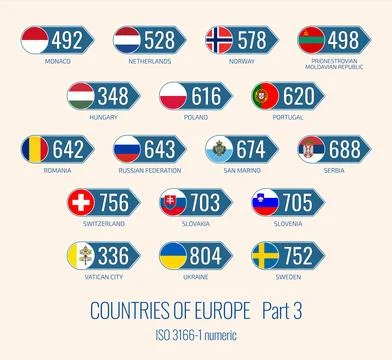Set of vector illustrations of of ISO 3166 1 numeric and flags of the Europ.. Illustrazione stock