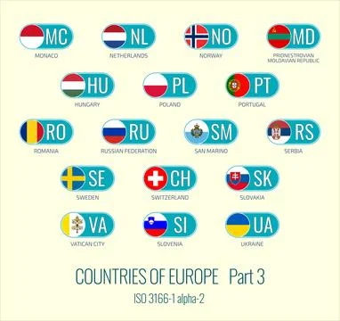 Set of vector illustrations of of ISO 3166 1 alpha 2 and flags of the Europ.. Illustrazione stock