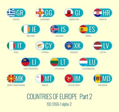 Set of vector illustrations of of ISO 3166 1 alpha 2 and flags of the Europ.. Illustrazione stock