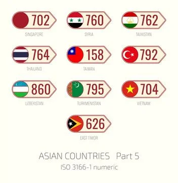 Set of vector illustrations of ISO 3166 1 numeric and flags of Asian countr.. Stock Illustration