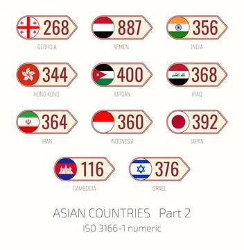 Set of vector illustrations of ISO 3166 1 numeric and flags of Asian countr.. Illustrazione stock